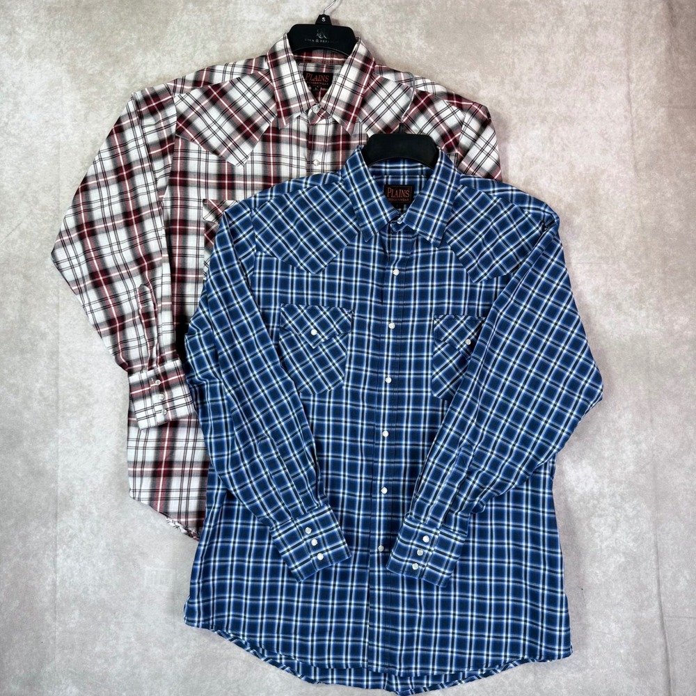 VTG Lot of 2 Plains Western Wear Shirt Men Large Plaid Pearl Snap Rockabilly